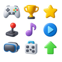 Vibrant 3d rendered digital icons: game controller, vr headset, trophy, music note, play button, and arrow symbol.