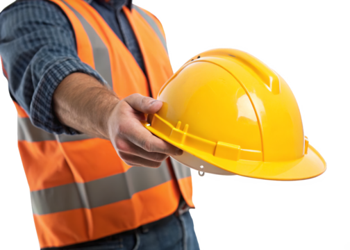 Construction worker’s hand holding safety helmet isolated on a transparent background.