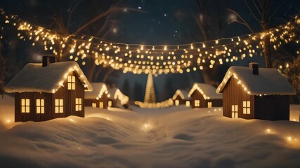 A charming snow-covered village at night, with cozy cabins and bright string lights creating a magical and festive holiday atmosphere - Powered by Adobe