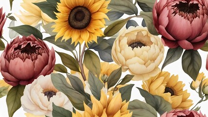 Elegant botanical illustration of a seamless floral pattern with vibrant sunflowers and lush pink peonies in a romantic, vintage watercolor style