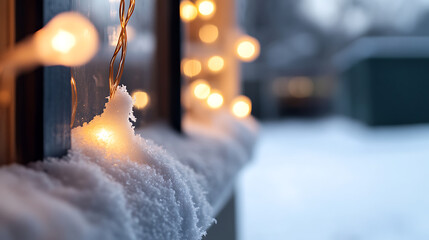 Close-up of warm string lights twinkling softly on a snow-covered window sill, contrasting the cold winter backdrop. The soft glow casts a gentle ambiance in the snowy day.