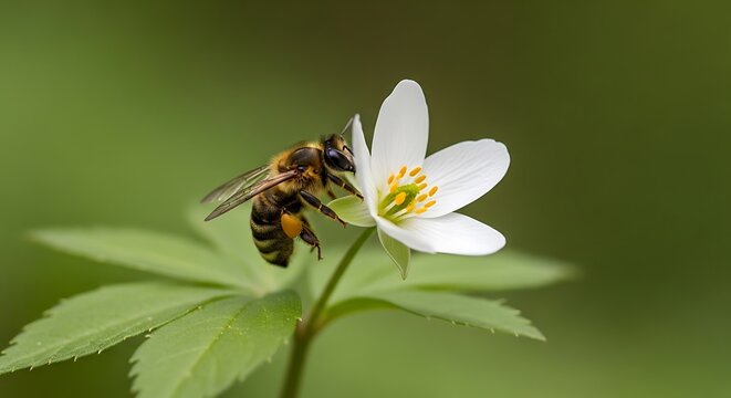 Close-up of a bee collecting nectar from a delicate white flower in a natural setting. - Powered by Adobe