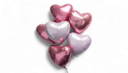 Cluster of Heart Shaped Balloons in Magenta and Rose. Hyper-Realistic 3D Romantic Party Decorations. Elegant Glossy Celebration Balloons.