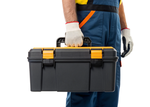 Construction worker’s hand holding Toolbox isolated on a transparent background.