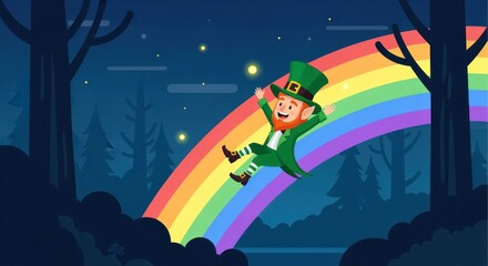 A cheerful leprechaun in a green outfit slides down a vibrant rainbow under a starry night sky, surrounded by dark trees.