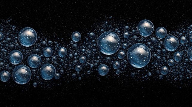A collection of blue, translucent spheres of varying sizes float against a dark, textured background, creating an abstract, cosmic effect.
