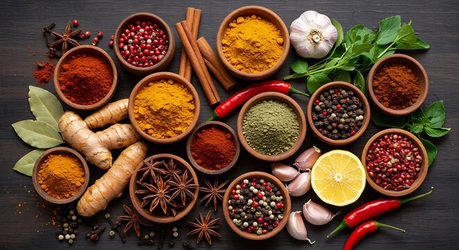 Assortment of aromatic spices and herbs in bowls top view composition - Powered by Adobe