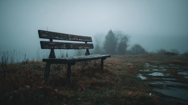Foggy park bench in misty landscape.