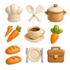 Collection of 3d rendered icons: chef hat, cutlery, pot, carrots, coffee cup, fresh bread, and a briefcase