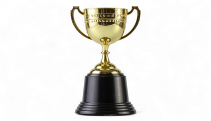 Golden Trophy on Modern Geometric Charcoal Pedestal. Hyper-Realistic 3D Prestige and Success Icon. Elegant Engraved Award Symbol.
