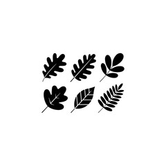 6 leaf silhouettes, black fill, minimal vector style, white background