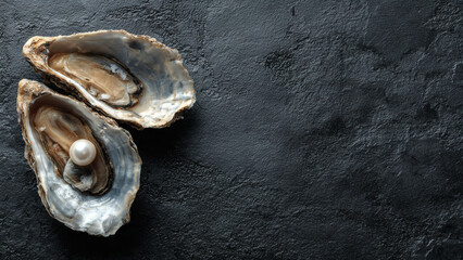 A top-down, close-up view of elegant open oyster shells, one revealing a pristine pearl, resting beautifully on a dark, textured background, symbolizing luxury and hidden treasures