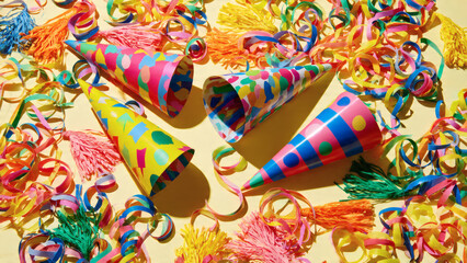 Fototapeta premium A playful and vibrant top-down close-up of scattered colorful party hats and festive streamers, creating a joyful and energetic atmosphere for any celebration