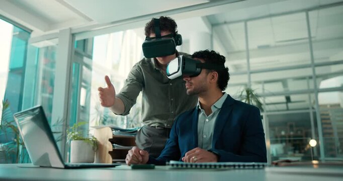 Men, vr glasses and review with laptop in office, feedback or metaverse for architecture design. People, talk and augmented reality for engineer, low angle or collaboration for property development