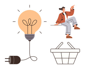 Woman sitting and pointing upwards paired with light bulb and shopping basket. Ideal for creativity, innovation, energy, shopping, marketing, business ideas, lifestyle. Simple flat metaphor