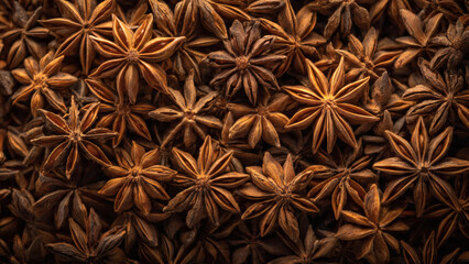 An extreme macro close-up of numerous star anise pods, revealing their unique star shapes, warm brown hues, and rich textures, highlighting this fragrant and flavorful culinary spice