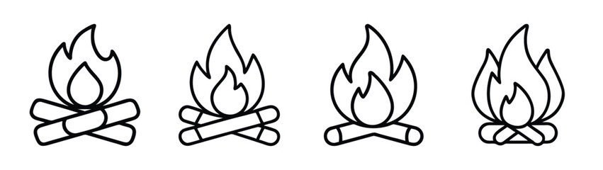 Campfire bonfire vector illustration drawing of burning wood logs with flames for camping trip, outdoors