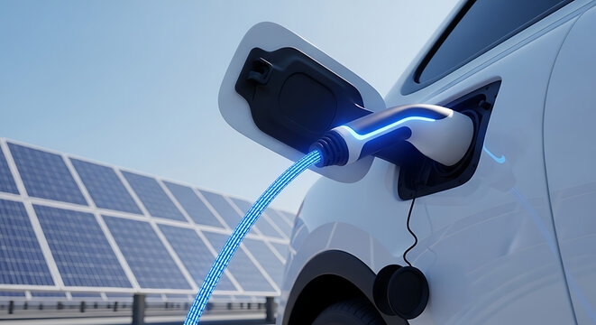 Power up with sunshine Charging electric car with clean solar energy for a sustainable future, clean energy, and eco friendly transportation solutions