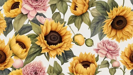 Elegant floral arrangement a seamless pattern featuring vibrant sunflowers and delicate peonies in full bloom