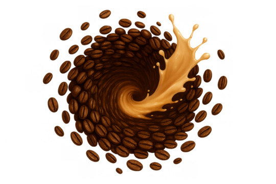 Coffee beans swirling into a dark vortex with cream splash, presenting dynamic energy and rich flavor
