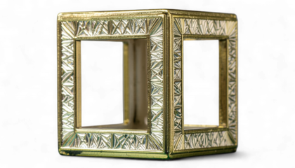 Metallic Gold Cube with Geometric Engravings on Pedestal. Hyper-Realistic 3D Abstract Art and Design. Elegant Engraved Sculpture.