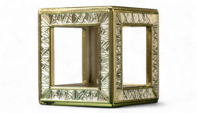 Metallic Gold Cube with Geometric Engravings on Pedestal. Hyper-Realistic 3D Abstract Art and Design. Elegant Engraved Sculpture.