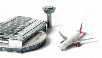 Modern Airport Terminal with Airplane and Control Tower. Hyper-Realistic 3D Travel and Transportation Scene. Elegant Aviation Icon.