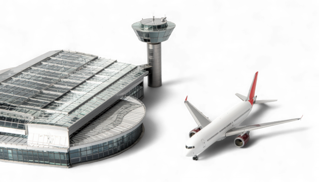 Modern Airport Terminal with Airplane and Control Tower. Hyper-Realistic 3D Travel and Transportation Scene. Elegant Aviation Icon.