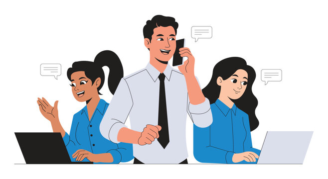 Female manager supervising male customer service agent. Office supervisor talking to employee with headset. Vector illustration of business colleagues, mentorship, and support team collaboration.