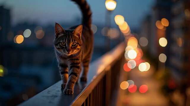 A side-view photo of a cat walking gracefully along a narrow balcony railing at night. The background reveals a softly blurred city skyline glowing with lights&mdash;.