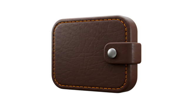 Brown leather wallet with snap button, elegant orange stitching.