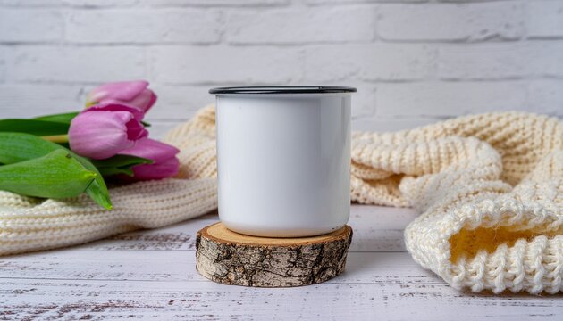 White Mug Mockup with Tulips, Sweater, and Wooden Slice on a Table - Powered by Adobe