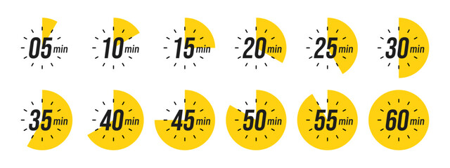 Minute timer, clock, stopwatch, Countdown timer, cooking time icon set. 5, 10, 15, 20, 25, 30, 35, 40, 45, 50, 55, 60 minute dial. Blue color isolated set, symbol. Vector illustration