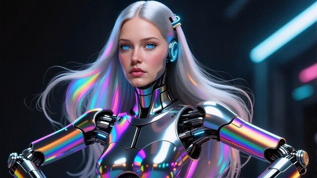 Futuristic female android with long silver hair, metallic rainbow armor, glowing headphones, sci-fi robotics concept, cyberpunk studio lighting