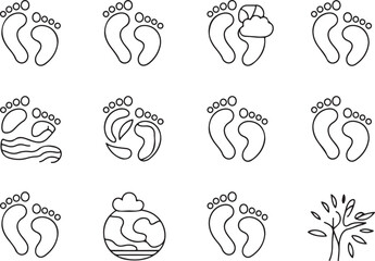 Cartoon footprint of climate change line art icon set. Flat black color editable line vector illustration