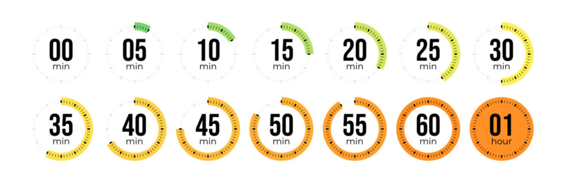 Minute timer, clock, stopwatch, Countdown timer, cooking time icon set. 0, 5, 10, 15, 20, 25, 30, 35, 40, 45, 50, 55, 60 minute dial. Colorful isolated set, symbol. Vector illustration
