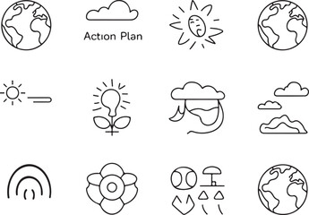 Climate action plan of weather change line art icon set. Flat black color editable line vector illustration