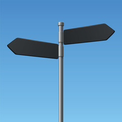 Vector Blank Black Road Sign Post with Two Empty Directional Arrows. Street Signage Template. Empty Guidepost for Navigation. Direction Board for Text, Message, Vector Illustration