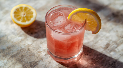 pink lemonade on the table with lemons ai