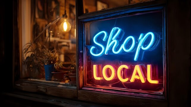 Neon sign displaying Shop Local in a window promoting community support and encouraging local business patronage
