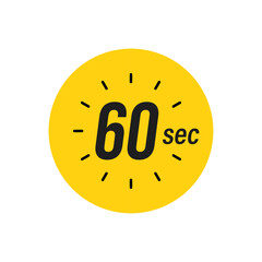 60 second Timer, clock, stopwatch isolated icons. Countdown timer symbol. Label cooking time. Second timer, Time measure, Chronometer, Alarm, Kitchen timer, label, sticker, stamp.  Vector illustration
