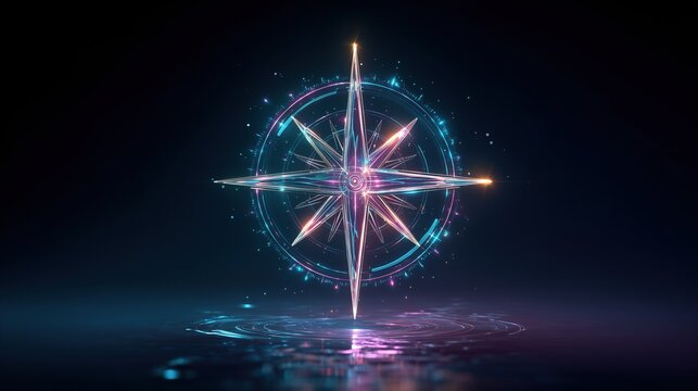 Glowing digital compass rose with neon blue and pink lights on dark background, symbolizing navigation and technology.