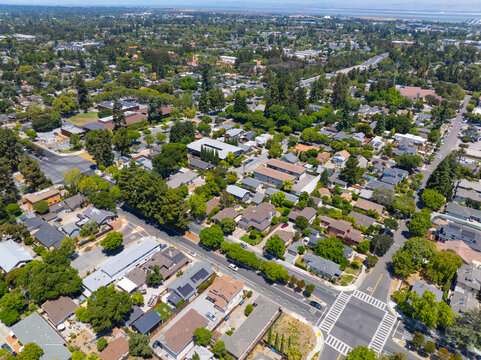 Mountain View historic city center aerial view on Mercy Street at Castro Street, Mountain View, California CA, USA. 