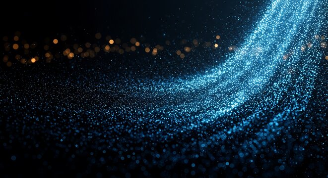 Flowing stream of luminous blue particles with bokeh effect, creating a dynamic and magical abstract background for digital art