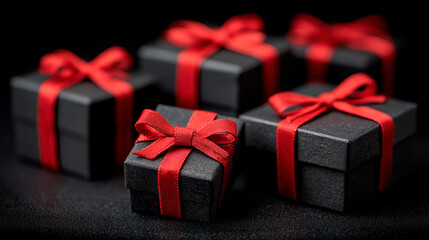 Black Gift Boxes with Red Ribbons on Red Background Under Spotlight &ndash; Holiday, Black Friday, Luxury Sale Illustration