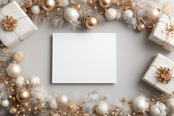 White and gold Christmas photo frame, white and gold garland and balls, warm light, and a large empty white card	
