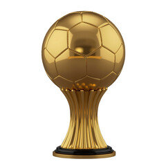Golden trophy cup beside soccer ball, championship awards for football tournament winners, isolated on a transparent background