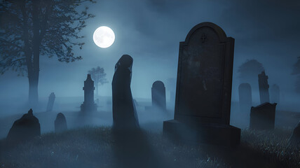A ghostly figure stands in a foggy graveyard under a full moon, surrounded by tombstones.