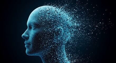 Abstract digital human head dissolving into particles, representing artificial intelligence, data, and futuristic technology concepts