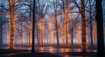 Winter Forest Illuminated by Twinkling Holiday Lights on Bare Trees